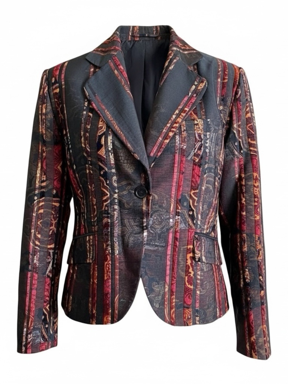 DR  Sportswear Brown Multicolored Blazer Jacket Sz 12 Faux Pockets Button Lined
